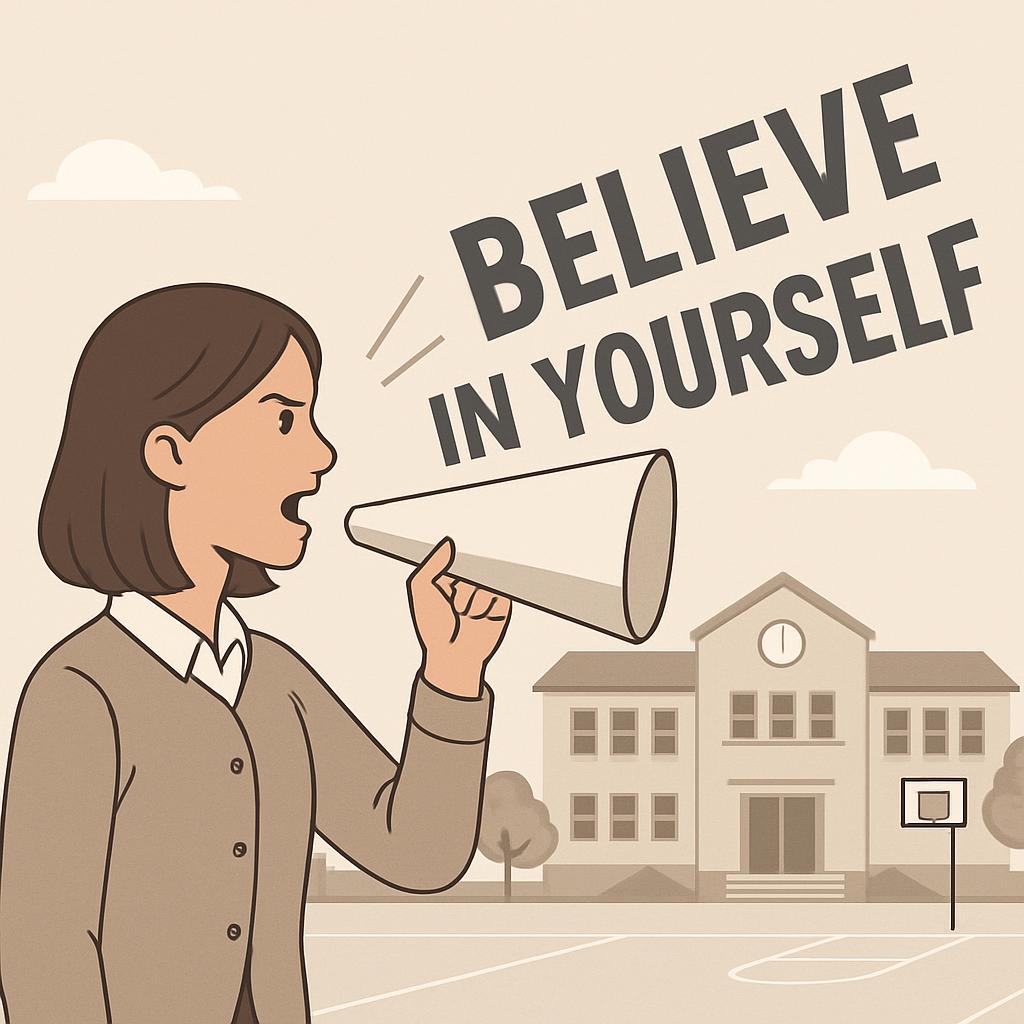 The schoolyard has brown buildings on the ground with a basketball hoop toward the right and freshly painted white lines a...