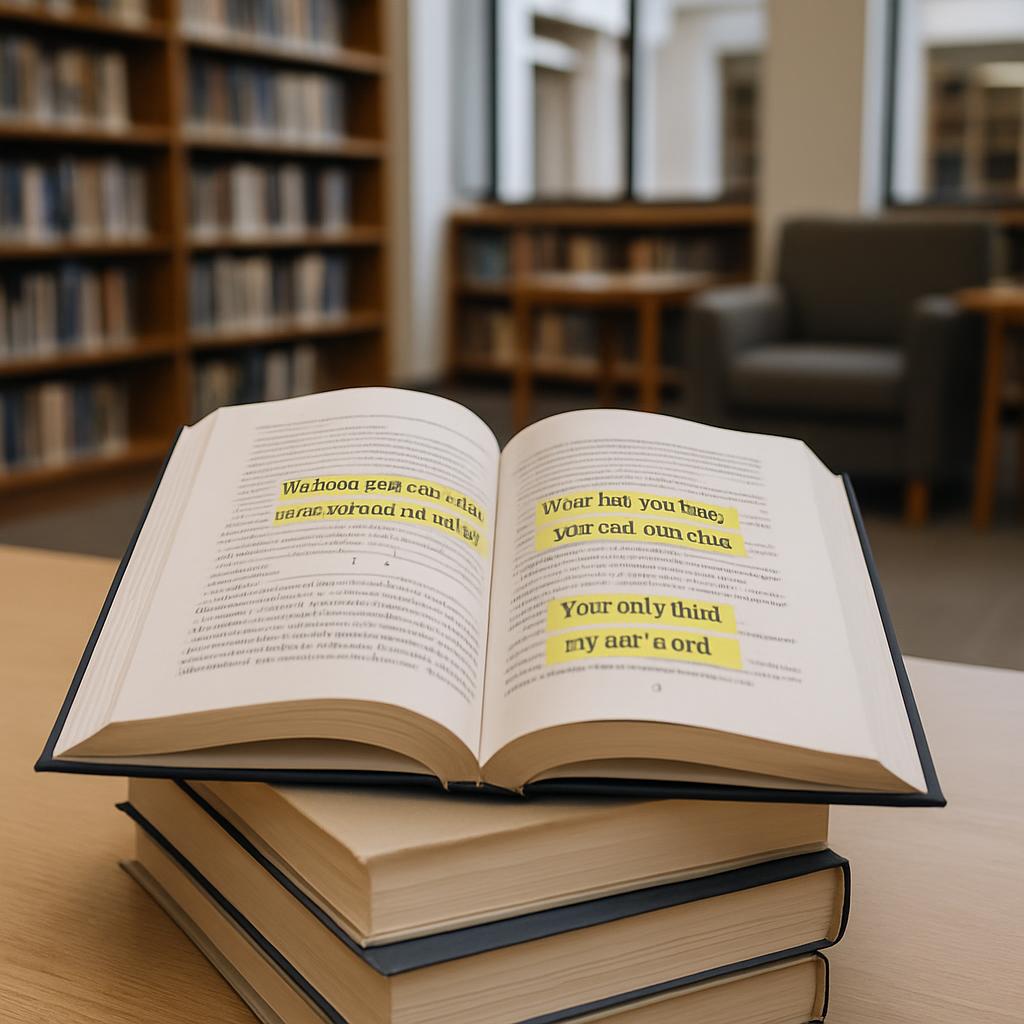 a stack of open books with yellow highlighted text and a library in the background.