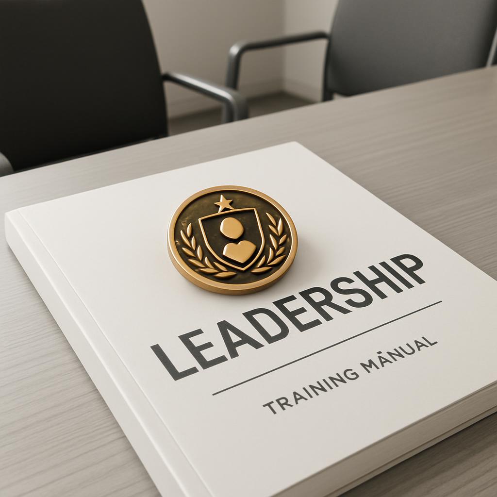 A white book titled "LEADERSHIP TRAINING MANUAL" with a gold emblem sits on a light wood desk just beyond some chairs.