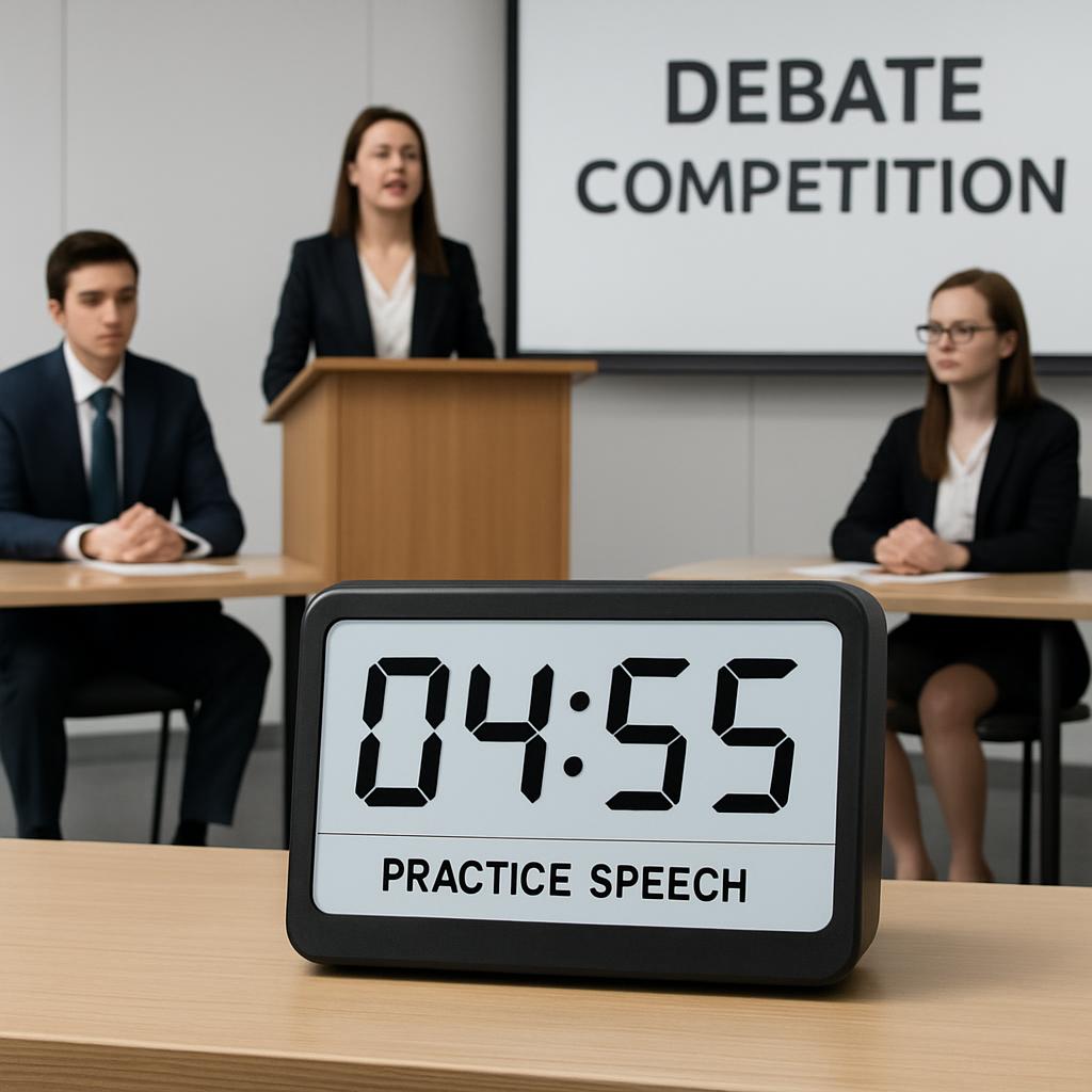 A digital clock sits in front of three participants in a debate competition. The debate has ended and participants are pre...
