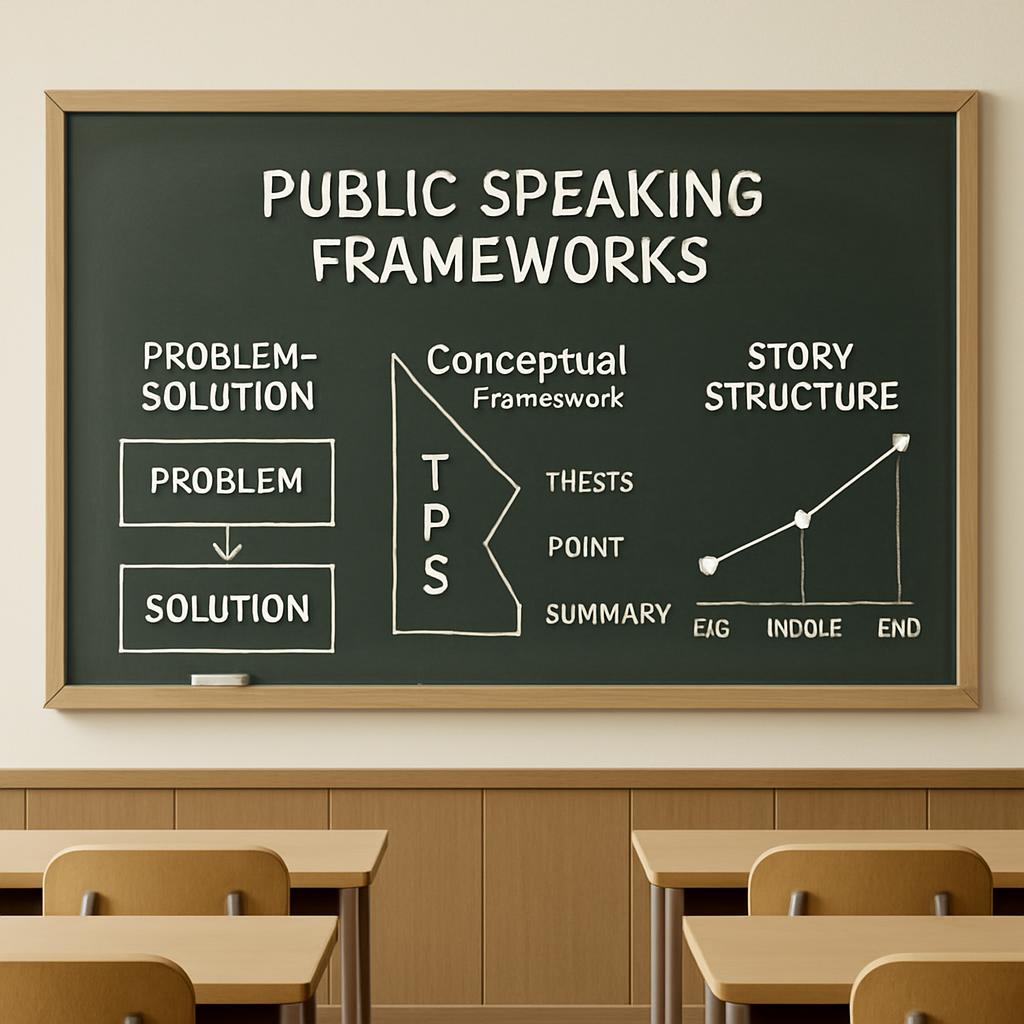 Here is the alt text for the image: "Public Speaking Frameworks: Problem-Solution, Conceptual Frameworks, and Story Struct...