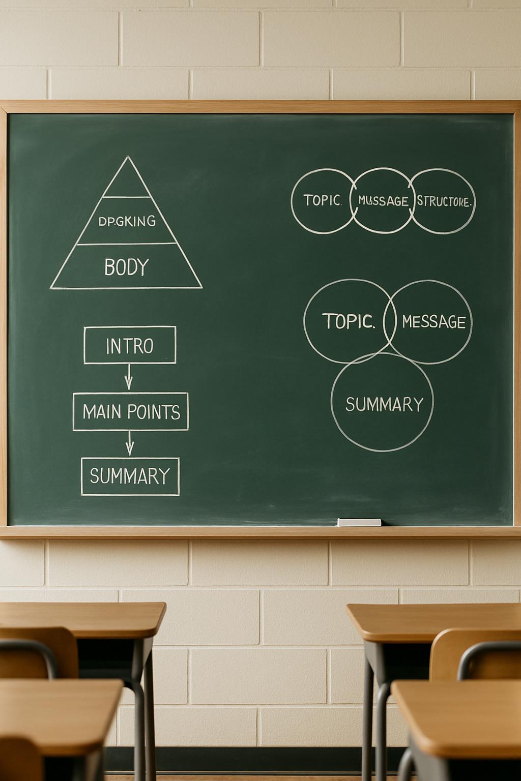 A chalkboard chart outlining steps in a pyramid format with accompanying smaller diagrams illustrating 'topics', 'messages...