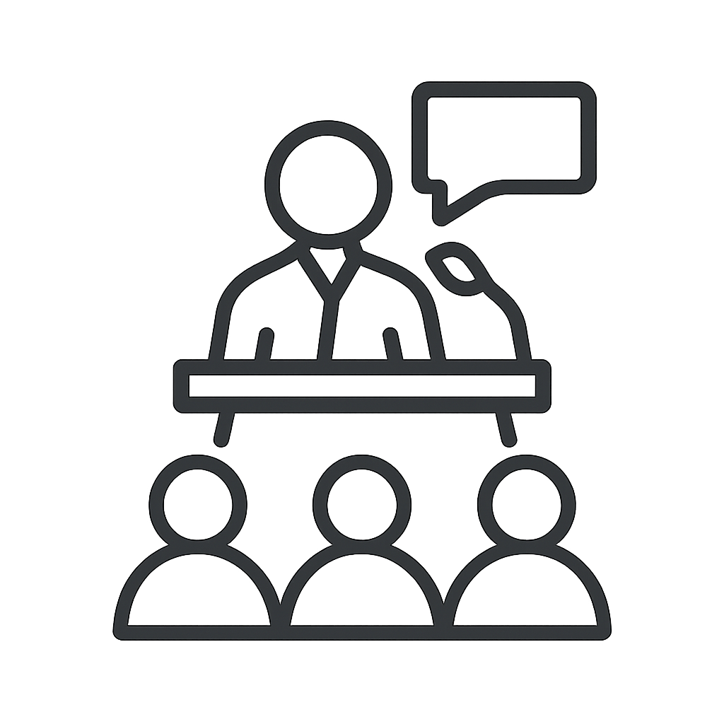 person delivering a speech in front of audience.